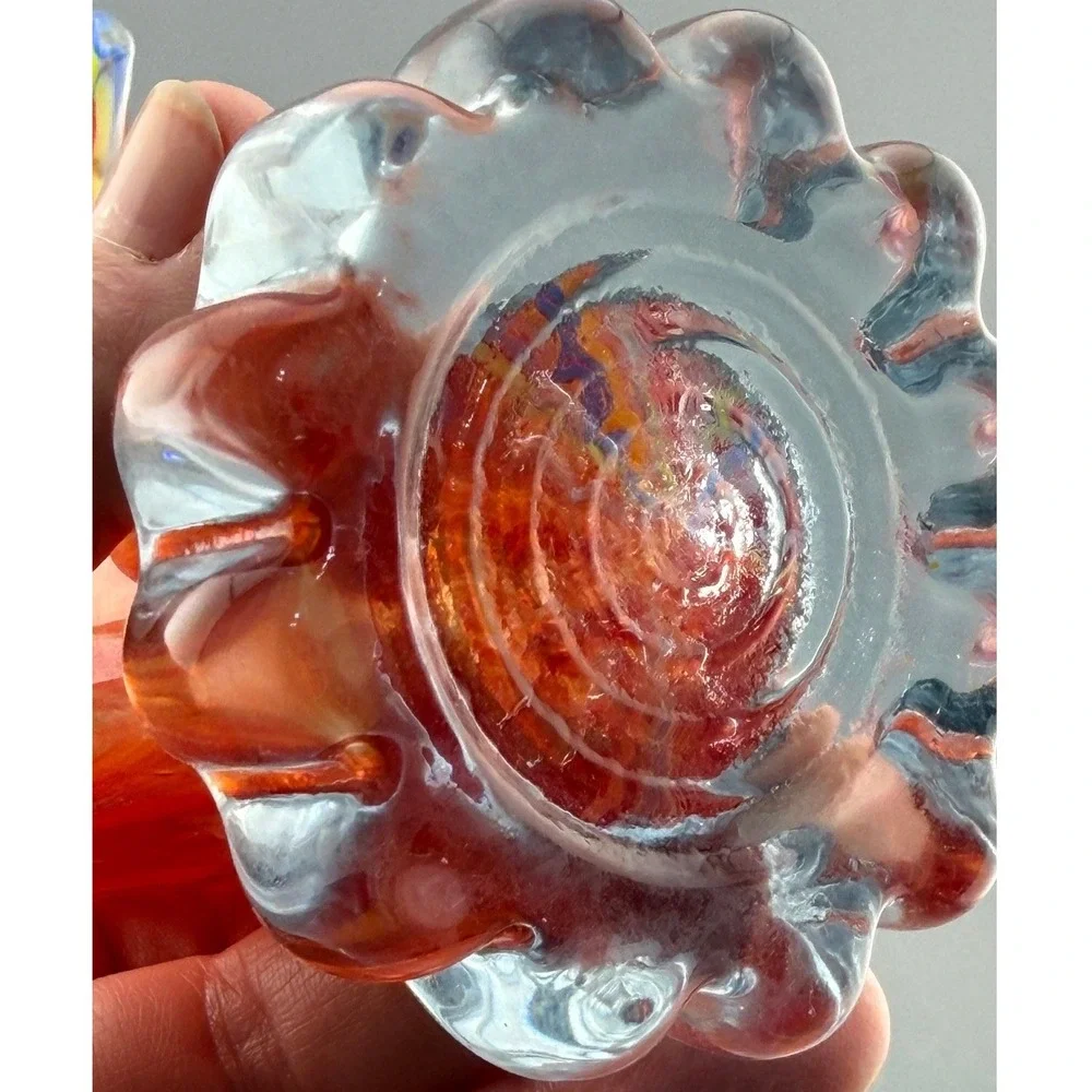 Vintage Murano Vetro Eseguito Vase Art Glass Multicolor Tulip Scalloped Base 6.5